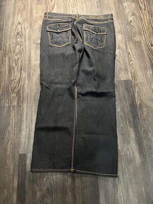 Pantalones de mezclilla cruzados Y2K Chams para hombre 44 negros bordados estilo Jnco Cyber Goth Foto 1 de 4