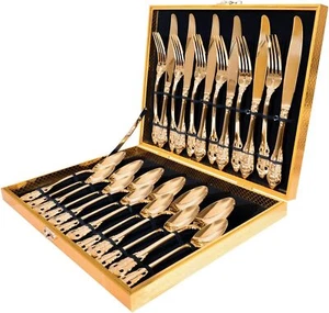 PREMIUM QLTY 24-Piece Gold Flatware Silverware Set Mirror Polished - Picture 1 of 8