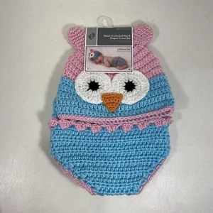 Hand Crotchet Owl  Hat & Diaper Cover Set 0-9 Months Unisex Pink Blue New - Picture 1 of 7