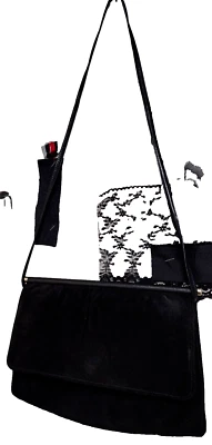 Bolso de Hombro de Cuero Negro Vintage Estilo Disco Cartera Gamuza Bandolera Correa Larga Foto 1 de 4