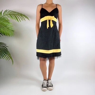 Vintage Y2K Black & Yellow Indie Grunge Polka Dot Twee Mini Dress / Size: 7 - Image 1 of 3