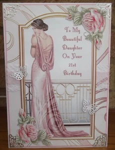 HANDMADE ART DECO PERSONALISED 21st BIRTHDAY CARD WITH A GRACEFUL LADY IN PINK - Picture 1 of 5
