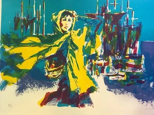 Vintage signiert nummeriert Nicola Simbari Druck Mädchen gelb Cape Boote Seehafen - Bild 1 von 11