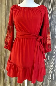 Feathers Red Embroidered Floral Dress Size S Off Shoulder Belted  Ruffled Boho - Picture 1 of 11