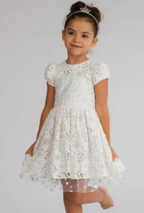 NWT Halabaloo Beige, White & Silver Lace Dressy Baby Girls Dress 12m Cap Sleeve - Picture 1 of 3