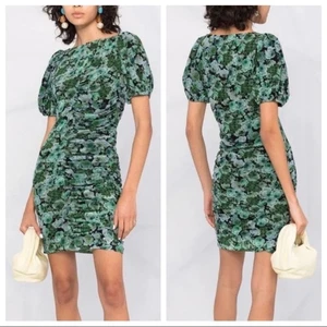 GANNI puffy ruched sleeve floral green mesh stretchy mini dress size 40 us 8/10 - Picture 1 of 11