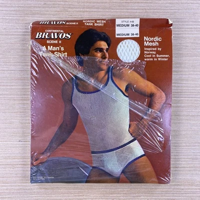 Camisa sin mangas Continental Bravos Scene 2 vintage mediana 38-40 blanca malla nórdica años 70 Foto 1 de 4