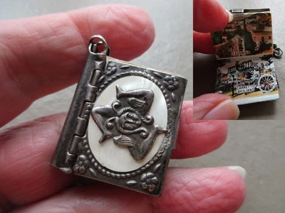 ANTIQUE VINTAGE OLD SILVER  SICILY TRINACRIA PHOTO BOOK LOCKET FOB CHARM PENDANT - Image 1 of 4