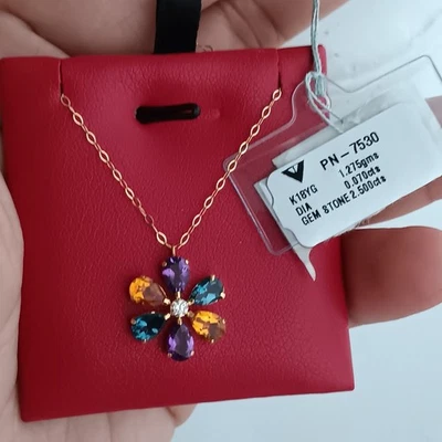 Collar colgante de flores de diamantes de 2,5 quilates con piedras preciosas multicolores de oro amarillo de 18 quilates de 0,070  Foto 1 de 4
