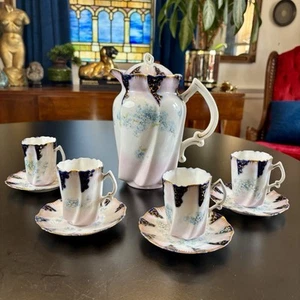 Antique Porcelain Demi Tasse Cups & Saucers Chocolate Pot Pink +Blue Flowers Vtg - Picture 1 of 11