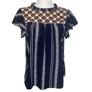 THML Anthropologie Top XS Blue Orange White Mix Patterns - Picture 1 of 11