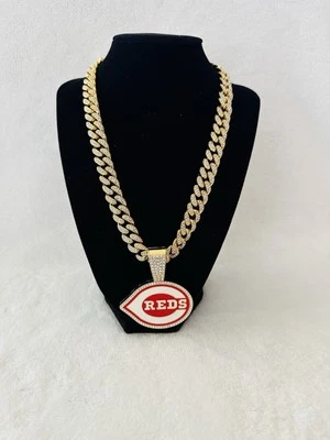 CINCINNATI REDS GEM NECKLACE Gold Bling MLB Pendant & 24" Chain, US SHIP - Image 1 of 2