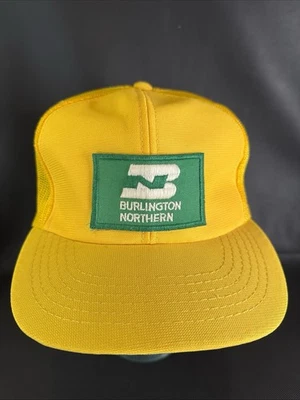 Sombrero de camionero Burlington Northern de colección con respaldo a presión verde amarillo ferrocarril Foto 1 de 4
