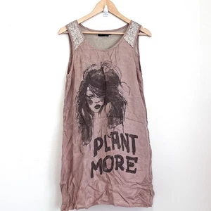 Forest Fairy Cottagecore Whimsy Tunic Dress Size M Tan Sequin Plant More Graphic - Picture 1 of 7