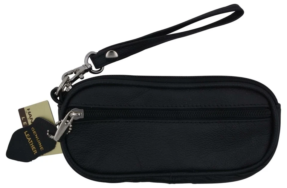 Genuine Leather Zippered Double Eyeglass Sunglasses Case Holder Black - Image 1 of 4