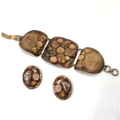 VTG RUTH BUOL Copper Enamel Jewelry Set Bracelet Earrings Brown Gold Fused Glass - Image 1 of 4