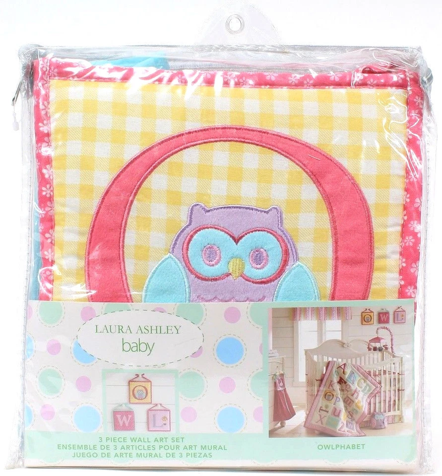 Juego de arte de pared Laura Ashley Baby de 3 piezas OWLFABET rosa 10 pulgadas X 10 pulgadas Foto 1 de 1