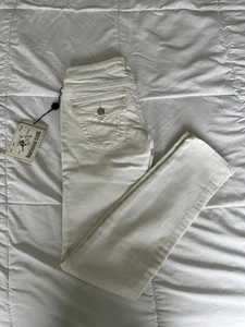 Pantalones de mezclilla True Religion para mujer ajustados blancos con bolsillos con solapa con puntada blanca talla 25 - Imagen 1 de 5