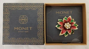 Monet Christmas Holiday Poinsettia Red Green Enamel & Rhinestone Brooch (NIB) - Picture 1 of 3