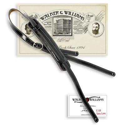 Ремешок для гитары Walker & Williams C-18 винтажный стиль 50-х черный кожаный XL до 61 дюйма - Изображение 1 из 4
