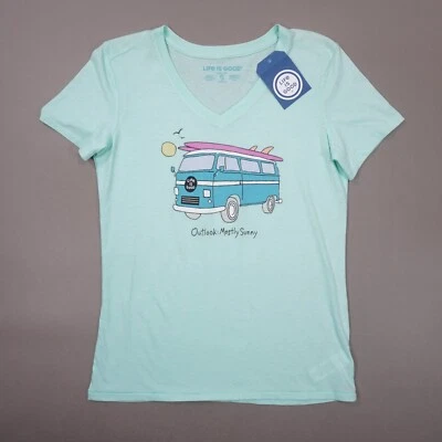 NEW Life Is Good Outlook Mostly Sunny V-Neck Cool Tee T Shirt Womens Small Green - Image 1 of 4