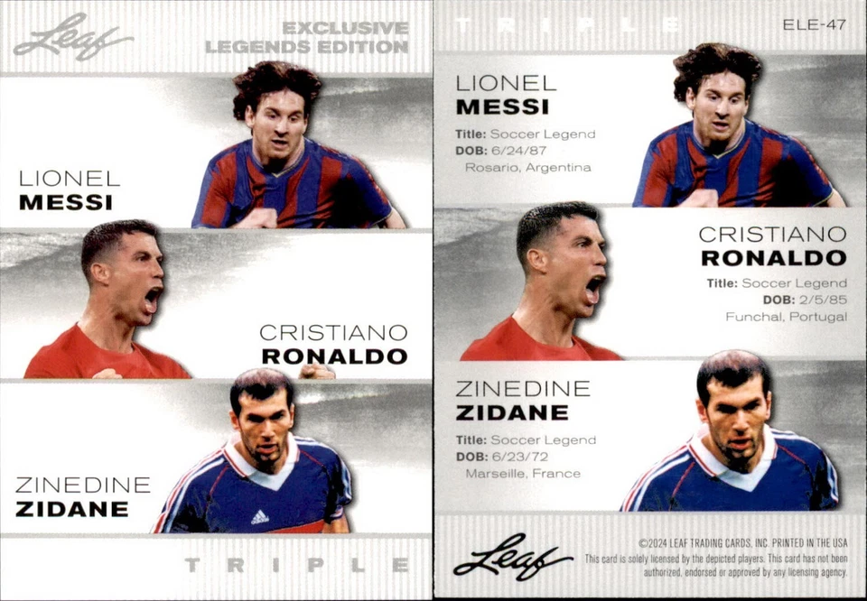 2024 Leaf EXCLUSIVE LEGENDS MESSI / RONALDO / ZIDANE #ELE-47 SOCCER - Image 1 of 1