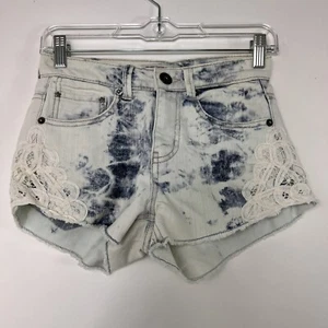 Mudd Jeans Shorts Damen Gr. 1 Hot Pants Bleached Denim Spitzenbesatz Mid Rise - Bild 1 von 8