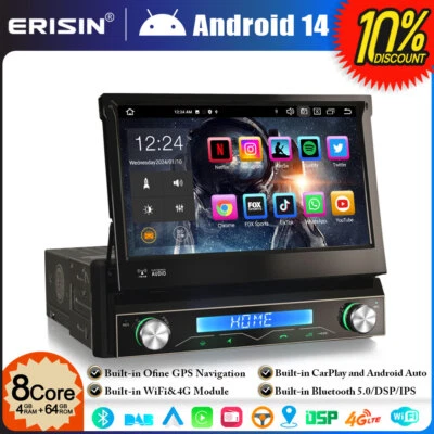 8-Cœurs Android 14 Universal 1 Din Autoradio GPS Navi DAB+ WiFi BT 5.0 4GO+64GO - Photo 1/4