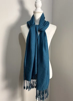 Pashmina Womens Silk Blend Scarf Wrap Shawl Teal Turquoise Fringe Neck 28 X 73 - Image 1 of 4