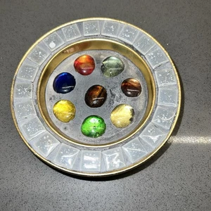 Unique  Artistic 4" Brass Tone Dish w/Multi Colored Glass & Stone Insets - Picture 1 of 8