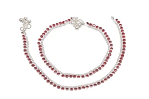 Handmade Indian Silver Payal Anklet Pair Red Stone Jewelry Gift - Picture 1 of 5