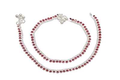 Handmade Indian Silver Payal Anklet Pair Red Stone Jewelry Gift - Image 1 of 4