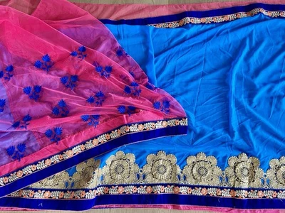 Designer Half Georgette Half Net Saree Bollywood Party Wear - Image 1 of 4