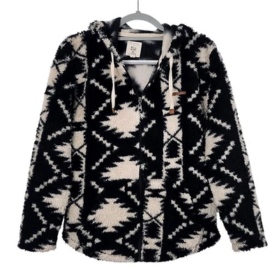 Billabong Over Head Jacket Womens Large Fuzzy Fleece Aztec Print Full Zip Hooded - Image 1 of 4