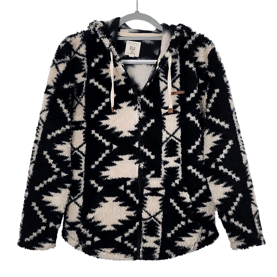 Billabong Over Head Jacket Womens Large Fuzzy Fleece Aztec Print Full Zip Hooded - Image 1 of 4