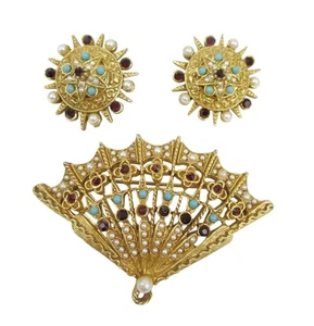 Arthur Pfeffer Rocailles Türkis Rot Strass Fächer Brosche Ohrringe Set ART - Bild 1 von 6