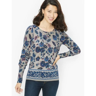Pullover Talbots para mujer MP manga abullonada lana merino estampado floral cuello redondo suave Foto 1 de 4