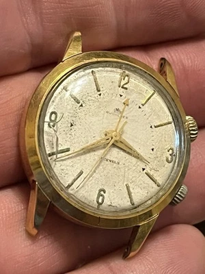 BUCHERER MENS WATCH WRIST ALARM 17 JEWEL GOLD PL. RUNS-STOPS/RINGS  4 Restore - Image 1 of 4