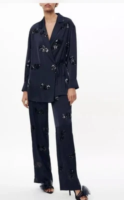 NWT ZARA SATIN KIMONO BLAZER and pant  WITH SEQUINS Size Medium Oversize Fit - Image 1 of 4