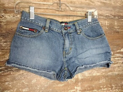 Vintage Tommy Hilfiger Jean Short Shorts Size 1 Leather Patch Flag Logo Womens - Image 1 of 4