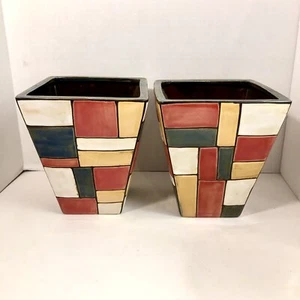 Pier One Geometric Ceramic Planters Vases PAIR Modern Design 7” Tall Color Fall - Picture 1 of 5