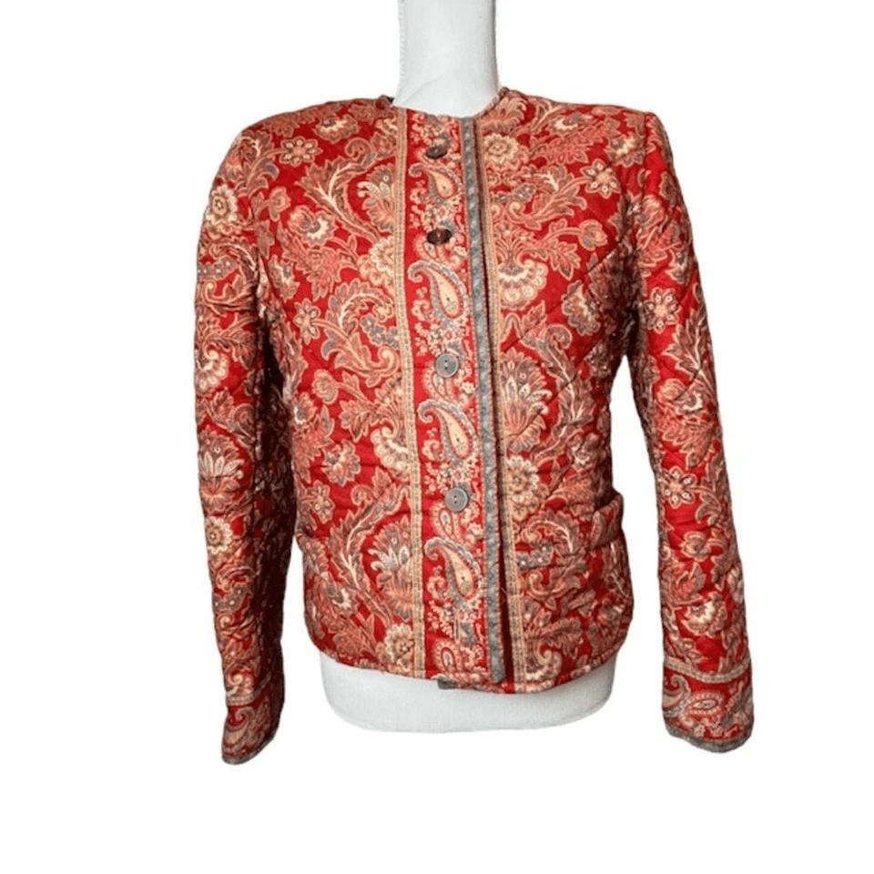 Chaqueta Acolchada Vera Bradley Vintage Roja Aqua Dorado Firma Estampado Botones Pequeña Foto 1 de 4