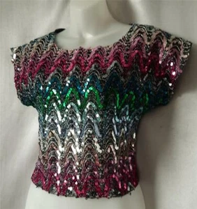SPARKLY Rainbow SEQUIN METALLIC Vintage 70s 80s DISCO GLAM TOP BLOUSE - S / M - Picture 1 of 6