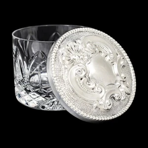 Vintage Carrs sterling silver Atlantis crystal round vanity dressing table box - Picture 1 of 17
