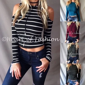 Sexy Camisa Prenda para el torso Corta Recortada Hombro Frío a Rayas Mangas Largas Ajustada Elástica - Imagen 1 de 21