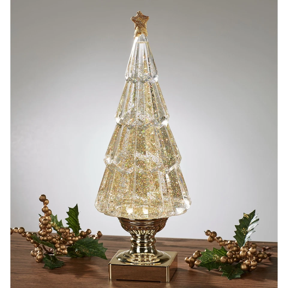 Globo de neve glitter redemoinho LED água iluminada árvore de Natal mesa acento dourado - Imagem 1 de 1