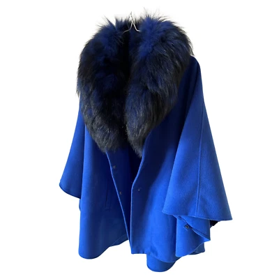 Abrigo con Capa Azul Real Clásico Femenino Mezcla Lana Desmontable Cuello de Piel de Zorro Foto 1 de 4