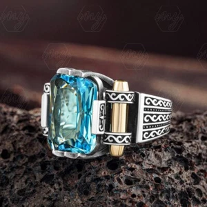925 Sterling Silver Rectangle Shaped Bullet Design Aquamarine Stone Men's Ring - Picture 1 of 4