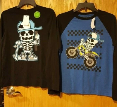 NUEVO CON ETIQUETAS 2 camisetas híbridas de manga larga para niños talla grande azul y negro que brillan en la oscuridad -514 Foto 1 de 4