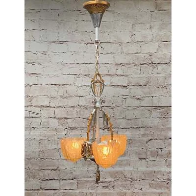 Lámpara de araña de 3 luces Art Deco pulida restaurada con tonos deslizantes ámbar #1924 Foto 1 de 4